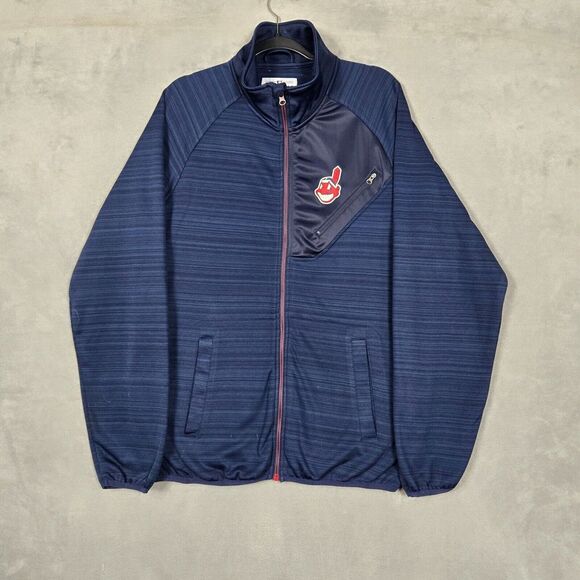 Cleveland Indians mens M full zip fleece blue striped heathered GIII Chief Wahoo - Picture 1 of 11